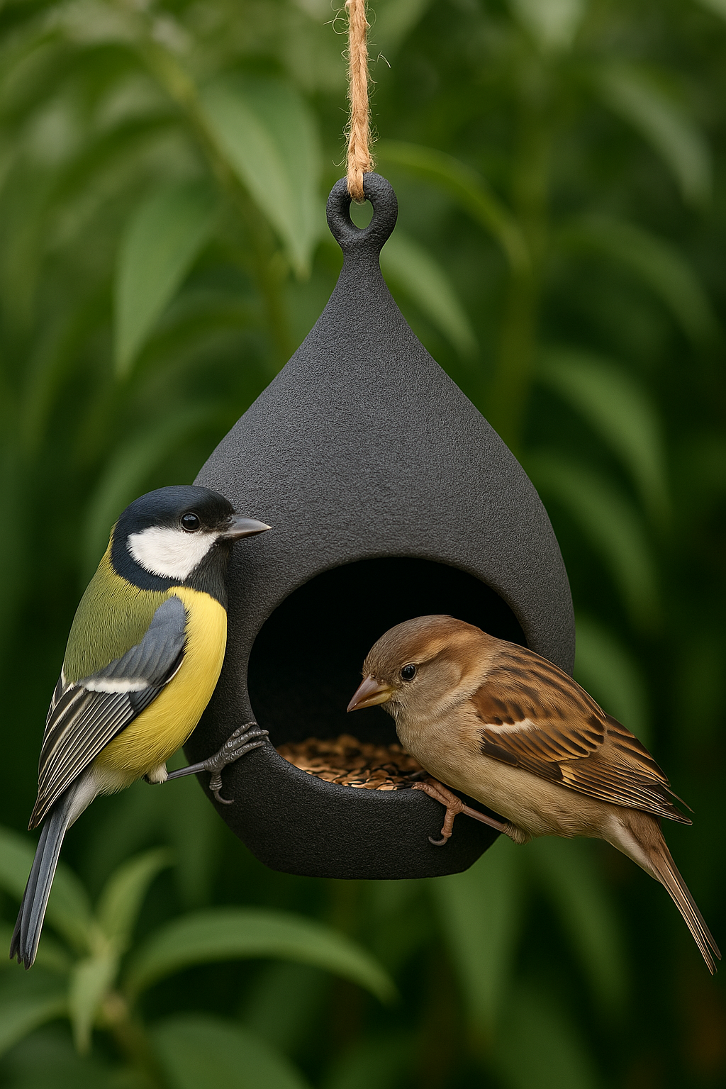 Modernes Vogelhäuschen in Tropfenform zur Fütterung heimischer Gartenvögel
