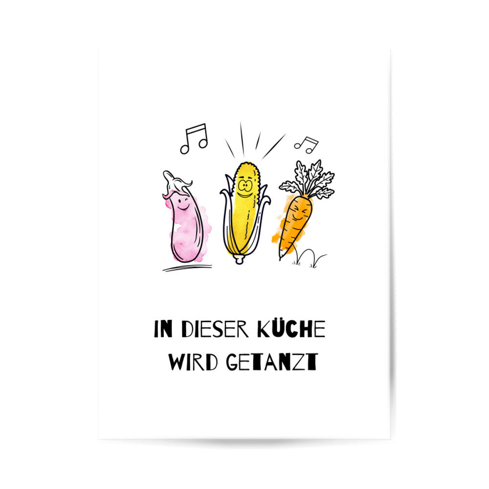 **Lustiges Küchenposter – „In dieser Küche wird getanzt“ im Bilderrahmen in moderner Küche** | Dieses humorvolle Poster mit tanzendem Gemüse auf Aquarellhintergrund bringt Schwung & gute Laune in deine Küche! Stilvoll gerahmt, fügt es sich perfekt in moderne Küchen ein. Hochwertiger Druck mit brillanten Farben – ideal als kreative Wanddeko oder witziges Geschenk für Hobbyköche & Food-Liebhaber. Jetzt bestellen & deine Küche stilvoll aufwerten! 🎨🥕✨