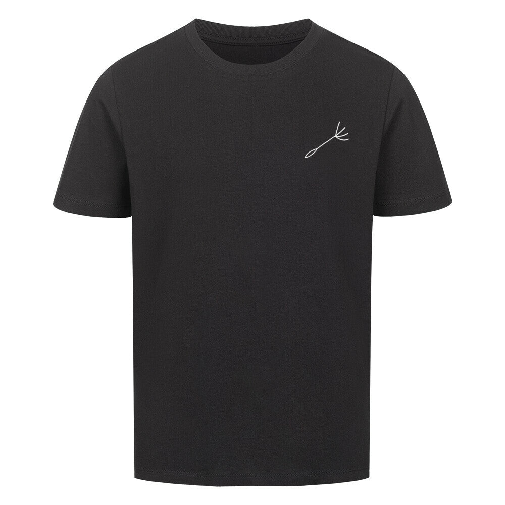 Mama-Kind-Shirt-Set aus Bio-Baumwolle mit Pusteblumen-Design: Auf dem taillierten Mama-Shirt fehlt ein Schirmchen, das auf dem Kind-Shirt einzeln erscheint. Symbol für Liebe, Verbindung und Loslassen. Die Shirts liegen auf natürlichem Hintergrund, modern und nachhaltig inszeniert. Ideal als Muttertagsgeschenk, zur Geburt oder für emotionale Familienmomente. Hier Kindershirt in schwarz.