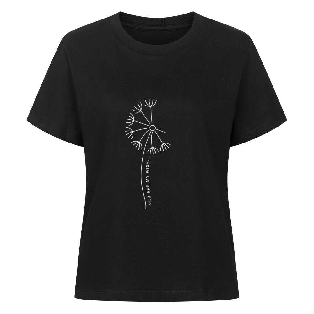 Mama-Kind-Shirt-Set aus Bio-Baumwolle mit geteiltem Spruch: „You are my wish … come true“. Schwarzes T-Shirt für Mama mit Pusteblume und fehlendem Schirmchen, passendes Kind-Shirt mit einzelner Pusteblumenschirmchen-Grafik. Hochwertig, nachhaltig, ideal als Muttertagsgeschenk, zur Geburt oder für Familienfotos. Perfektes Geschenk für Mamas und Kinder – liebevoll, modern und emotional gestaltet.