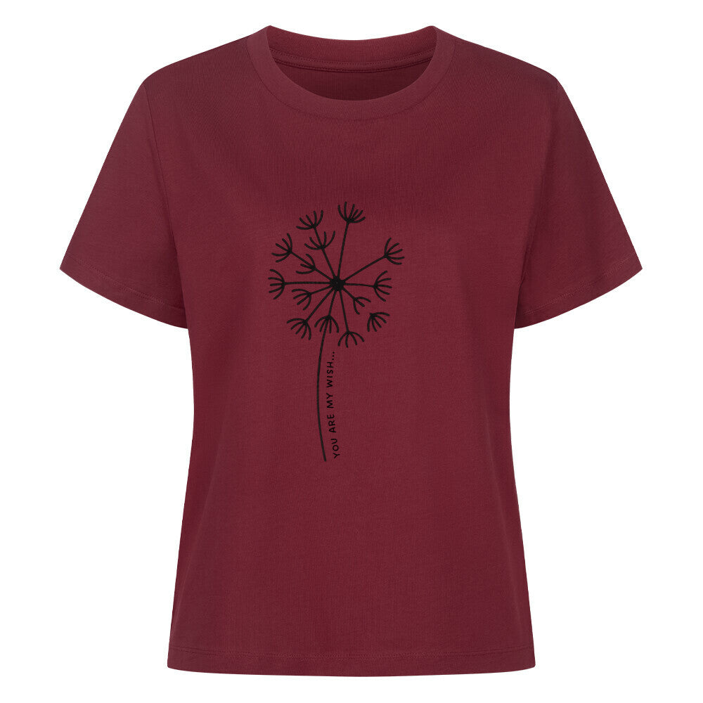 Mama-Kind-Shirt-Set aus Bio-Baumwolle mit geteiltem Spruch: „You are my wish … come true“. Burgundrotes T-Shirt für Mama mit Pusteblume und fehlendem Schirmchen, passendes Kind-Shirt mit einzelner Pusteblumenschirmchen-Grafik. Hochwertig, nachhaltig, ideal als Muttertagsgeschenk, zur Geburt oder für Familienfotos. Perfektes Geschenk für Mamas und Kinder – liebevoll, modern und emotional gestaltet.