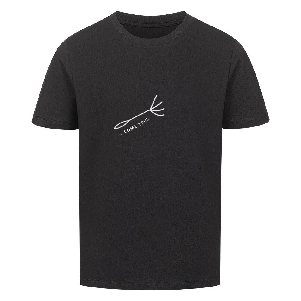 Mama-Kind-Shirt-Set aus Bio-Baumwolle mit geteiltem Spruch: „You are my wish … come true“. Schwarzes T-Shirt für Mama mit Pusteblume und fehlendem Schirmchen, passendes Kind-Shirt mit einzelner Pusteblumenschirmchen-Grafik. Hier ist das Kindershirt zu sehen. Hochwertig, nachhaltig, ideal als Muttertagsgeschenk, zur Geburt oder für Familienfotos. Perfektes Geschenk für Mamas und Kinder – liebevoll, modern und emotional gestaltet.