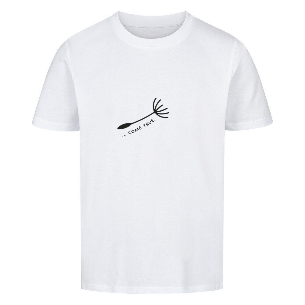 Mama-Kind-Shirt-Set aus Bio-Baumwolle mit geteiltem Spruch: „You are my wish … come true“. Weißes T-Shirt für Mama mit Pusteblume und fehlendem Schirmchen, passendes Kind-Shirt mit einzelner Pusteblumenschirmchen-Grafik. Hier ist das Kindershirt zu sehen. Hochwertig, nachhaltig, ideal als Muttertagsgeschenk, zur Geburt oder für Familienfotos. Perfektes Geschenk für Mamas und Kinder – liebevoll, modern und emotional gestaltet.