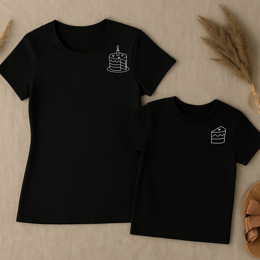 Mama-Kind-Shirt-Set aus 100 % Bio-Baumwolle mit liebevollem Torten-Design: Auf dem Mama-Shirt eine Torte mit fehlendem Stück, auf dem Kind-Shirt das passende Einzelstück. Symbol für die besondere Verbindung zwischen Mutter und Kind. Nachhaltig produziert, hochwertig verarbeitet, perfekt als Geschenk zum Muttertag, zur Geburt oder für gemeinsame Familienfotos. Ideal als emotionaler Partnerlook.