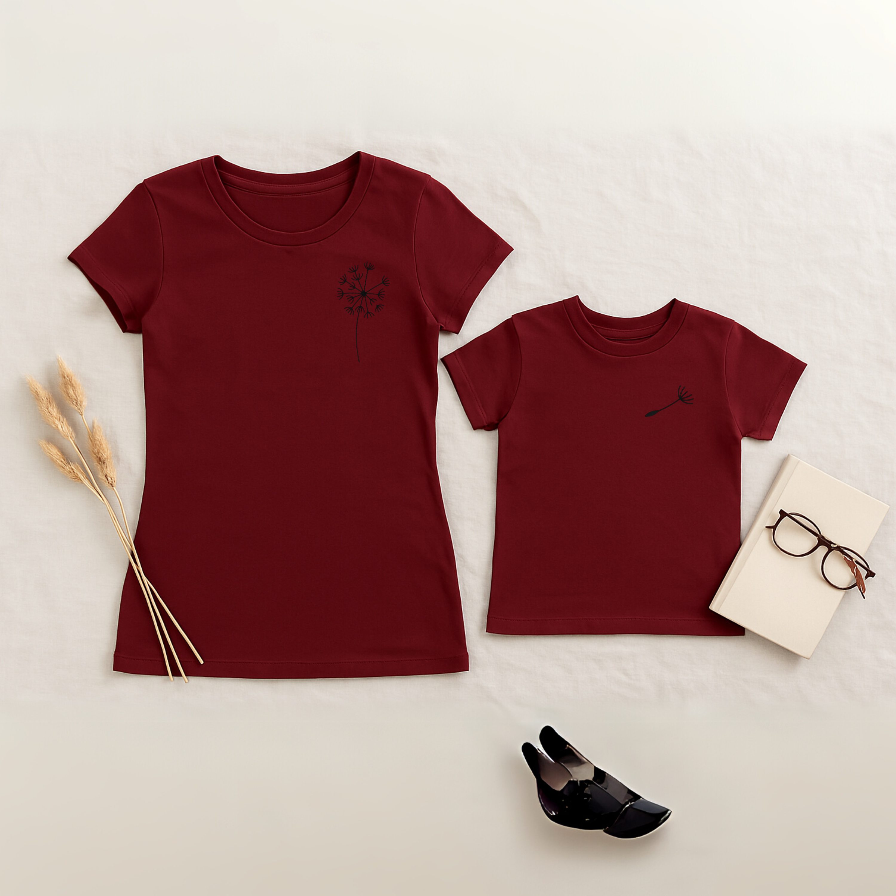 Mama-Kind-Shirt-Set aus Bio-Baumwolle mit Pusteblumen-Design: Auf dem taillierten Mama-Shirt fehlt ein Schirmchen, das auf dem Kind-Shirt einzeln erscheint. Symbol für Liebe, Verbindung und Loslassen. Die Shirts liegen auf natürlichem Hintergrund, modern und nachhaltig inszeniert. Ideal als Muttertagsgeschenk, zur Geburt oder für emotionale Familienmomente. HIer Set in burgundrot